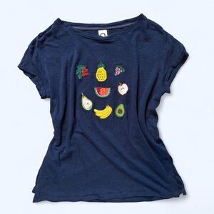 Akemi + Kin Navy Blue Linen Shirt with Embroidered Fruit Decals
